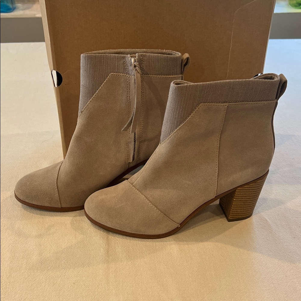Toms Taupe Suede Ankle Booties with Stacked Heel